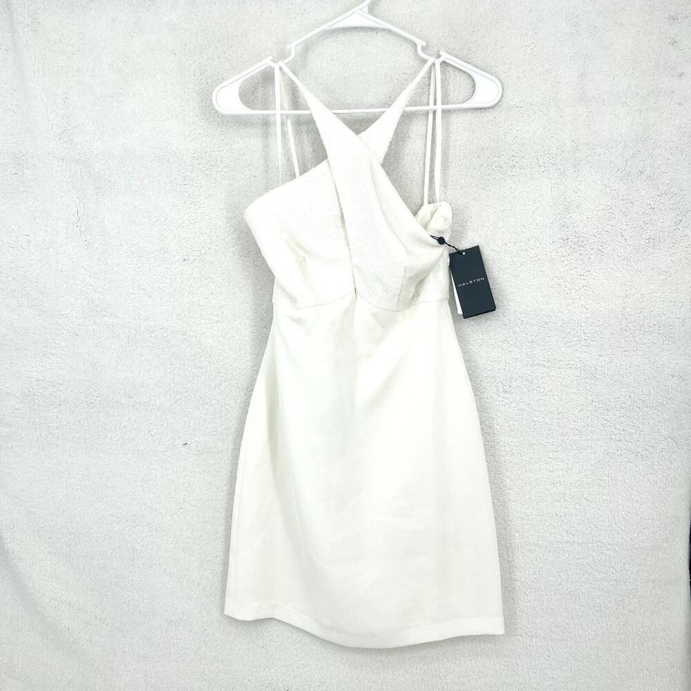 Halston Dress Women Size 2 Mini White Halter Neck Cross Front Diletta Sequin NEW